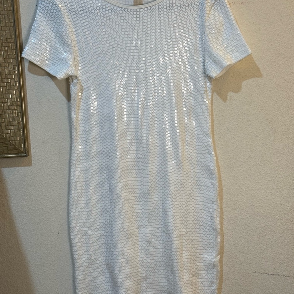 MICHAEL KORS White Sequined Short Sleeve Stretch Mini Dress Size M